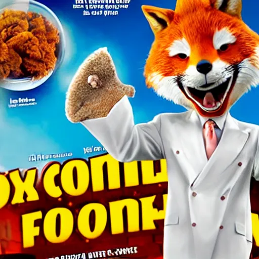 Image similar to comedy movie poster featuring an anthropomorphic fox wearing a white suit, fried chicken in the background, promotional media