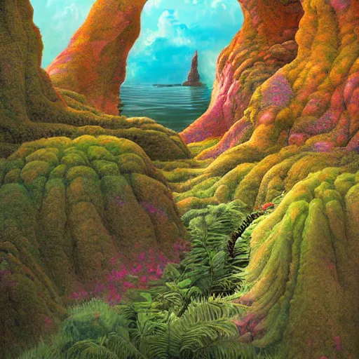 Image similar to digital painting of a lush natural scene on an alien planet by gerald brom. digital render. detailed. beautiful landscape. colourful weird vegetation. cliffs and water.