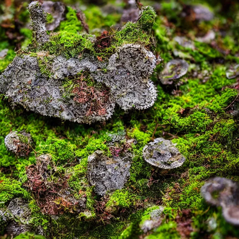 Image similar to a drawn picture lichens and moss close-up various fungus, mushrooms and plants, Atmospheric phenomenon, artistic photography, muted colors, conceptual, long exposure outside the city