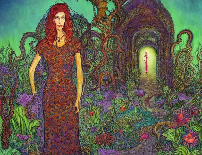 Prompt: a woman standing in a lovecraftian eldritch persian palace garden. this airbrush painting by the beloved children's book illustrator has dramatic lighting, an interesting color scheme and great sense of depth.