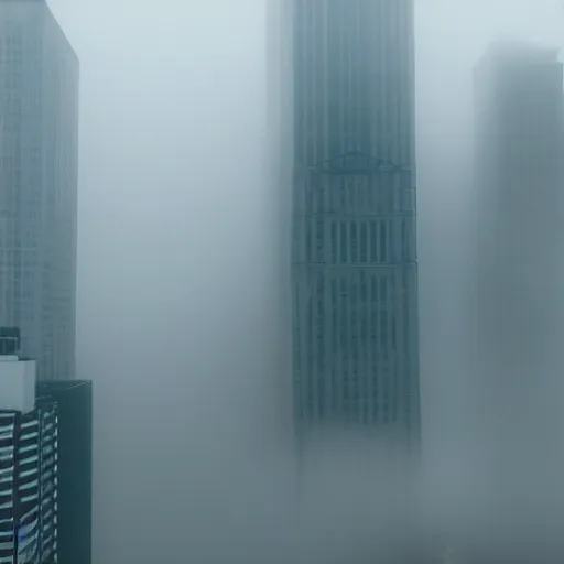 Image similar to a foggy city with tall buildings and a monster obscured by the fog moving between the buildings, found footage style, 8k, hyper realistic