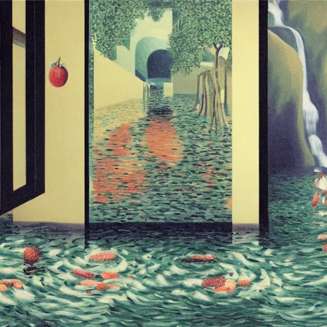 Image similar to painting of flood waters inside an apartment, tall female emo art student, a river flooding indoors, pomegranates, pigs, ikebana, water, river, rapids, waterfall, black swans, canoe, berries dripping, acrylic on canvas, surrealist, by magritte and monet