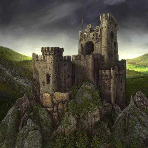 Prompt: a photorealistic painting of an old stone Castle in the sky, Zbrush, artwork by artgerm, a detailed painting by Ansel Adams, vampire bats, lake, Luminescent, Bismuth, Daz 3D, behance contest winner, fantasy art, matte painting, matte drawing, storybook illustration