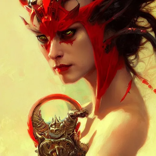 Image similar to attractive demon queen with red eyes painting by gaston bussiere, luis rollo, craig mullins, close - up portrait, digital painting, highly detailed, artstation, sharp focus, illustration, concept art, full hd