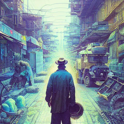Image similar to A solarpunk very detailed farmer on the street of a very detailed solarpunk city art by Taras Shevchenko, neofuturistic highly detailed, digital art, smooth cyan gold light, sharp focus, Golden Ratio illustration, realistic concept art by Stephen Hickman and James Gurney and Hiromasa Ogura Ghost in the Shell