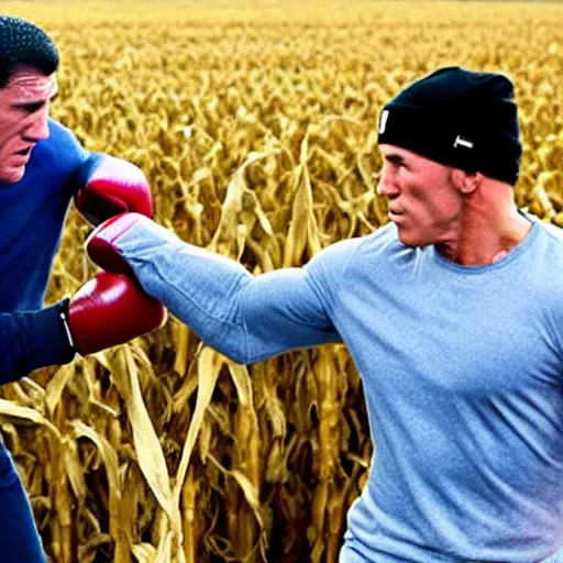 Image similar to rocky balboa punching joe biden in the middle of a corn maze