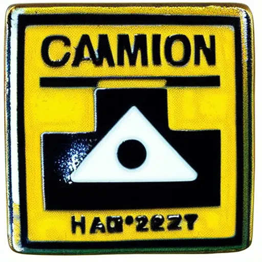 Prompt: a square enamel pin of a caution hazard label, smooth curves