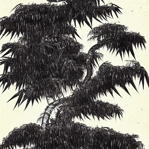 Image similar to photorealistic creepy demonic building disk osprey creek spice bamboo tree , by Katsushika Hokusai and George Inness and Paul Cezanne , 20 megapixels , storybook illustration , charcoal drawing