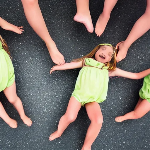 Image similar to group of tiny girls dancing around the rim of a toilet bowl. Perspective photograph