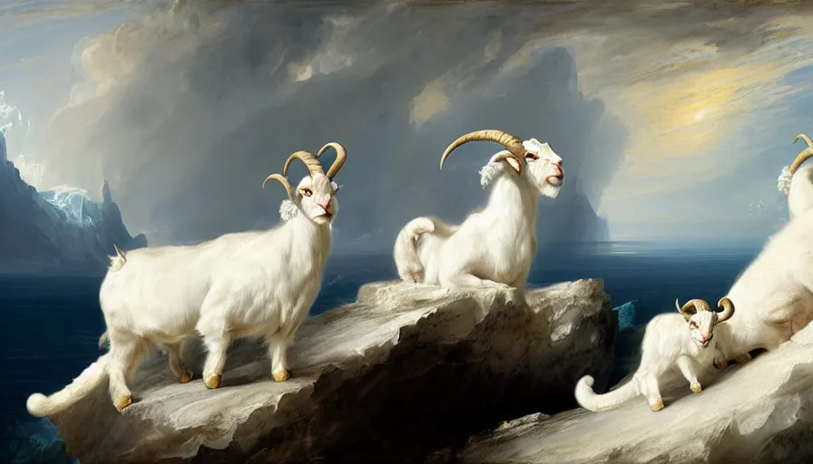 Prompt: highly detailed painting of white giant chimera goat cats with large feathered wings on a blue and white iceberg by william turner, by greg rutkowski, by william constable, thick brush strokes and visible paint layers, 4 k resolution