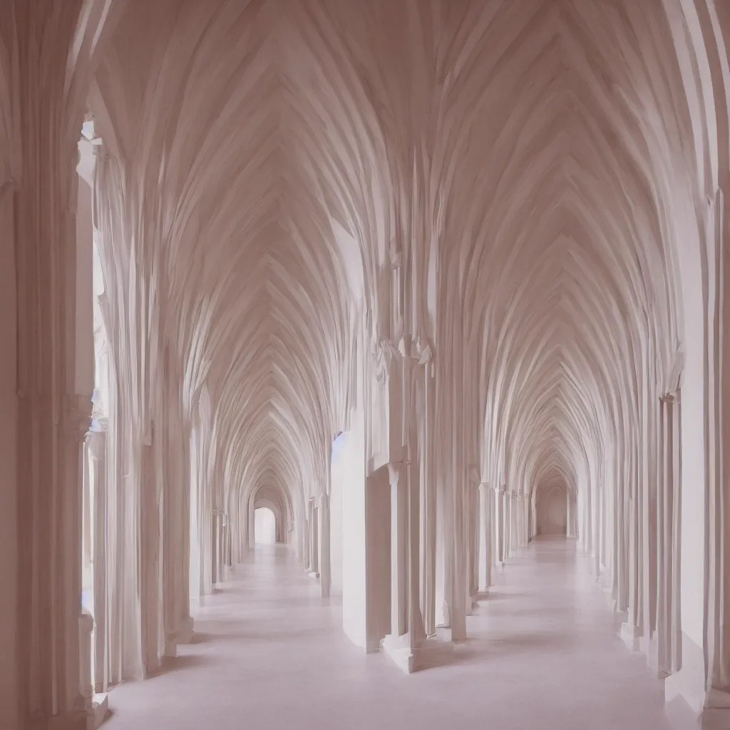 Image similar to photograph of a symmetrical hallway with multiple arches, pastel hues, minimalist, architecture magazine, dezeen, 50mm, pentax, film