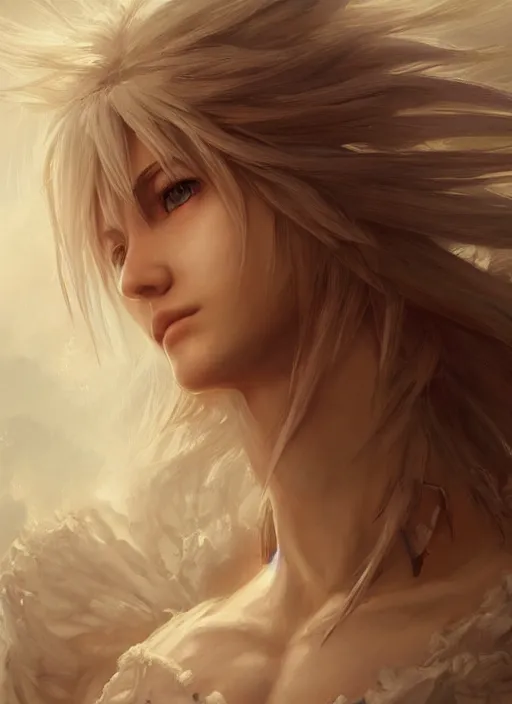 Image similar to realistic portrait painting of cloud from final fantasy, old mystic ruins, afternoon, intricate, elegant, highly detailed, digital painting, sharp, focus, by artgerm and greg rutkowski