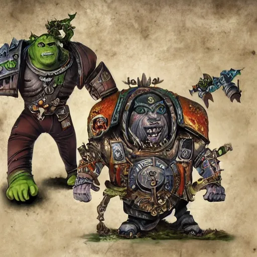 Image similar to an extremely sad orge and a skaven in warhammer 4 0 k darktide