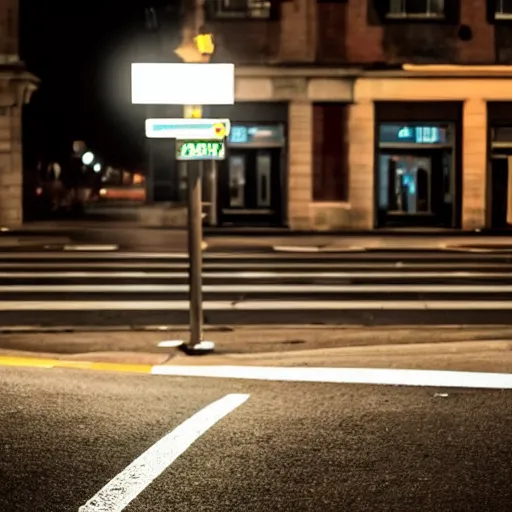 Image similar to a woman waiting for the bus at a lonely street at night, the street light is the only light on the street, lonely atmosphere, empty city, in the style of Edward Hopper, 4k,