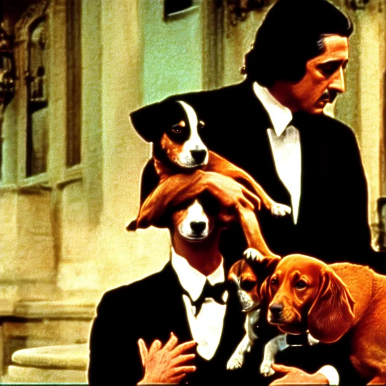 Prompt: cinescreen from the godfather, holding a dog, cinematic scene screen cap, realistic, film grain