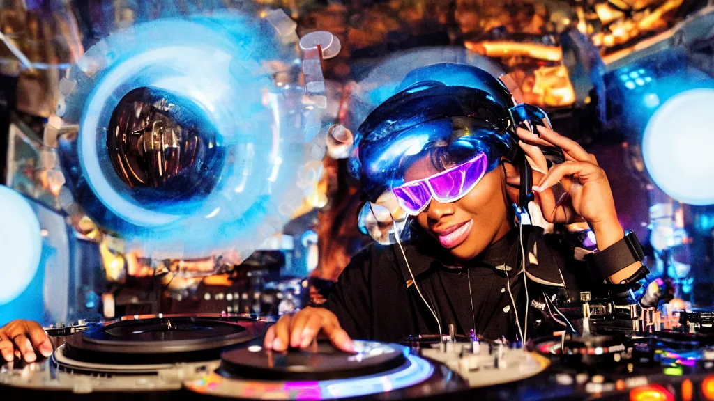 Image similar to a black woman wearing goggles and visor and headphones using an intricate clockwork record player turntable contraption, robot arms, turntablism dj scratching, intricate planetary gears, smoky atmosphere, cinematic, sharp focus, led light strips, bokeh, iridescent, black light, fog machine, hazy, lasers, spotlights, motion blur, color