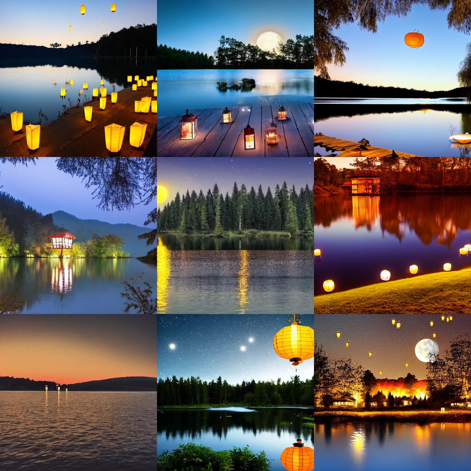 Prompt: beautiful lake with bright moonlight, lanterns are flying