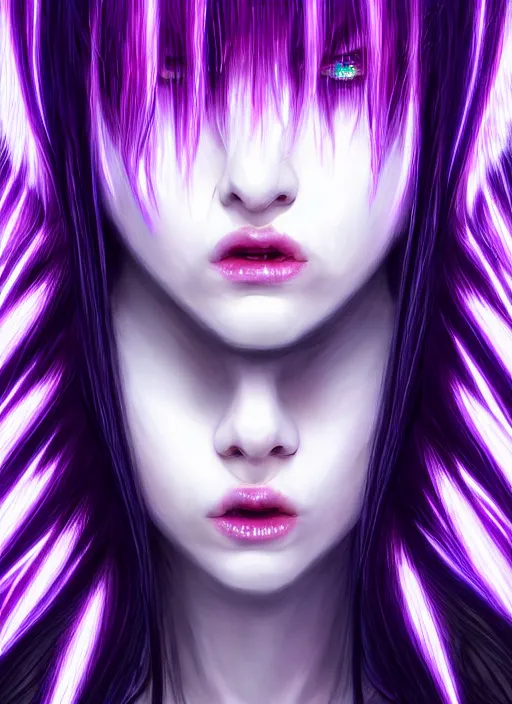 Image similar to hair whitebangs hair, black cyberlox, portrait of teenage girl with white bangs, whitebangsblackhair, messy bangs, cyberlox, whitebangs, red irises, purple clothes, intricate, elegant, glowing lights, highly detailed, digital painting, artstation, concept art, sharp focus, illustration, art by wlop, mars ravelo and greg rutkowski