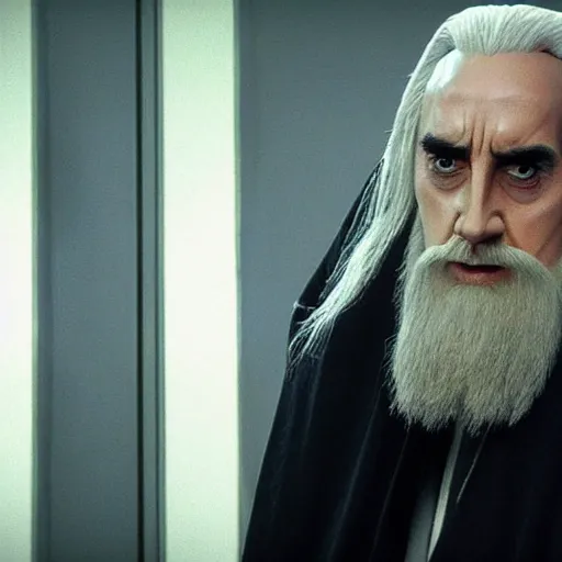 Image similar to saruman in the dunder mifflin office, realistic photograph