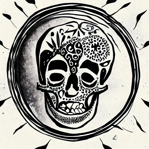 Image similar to circle, face, skull, ink, brush strokes, limited colour pattern, highly artistic