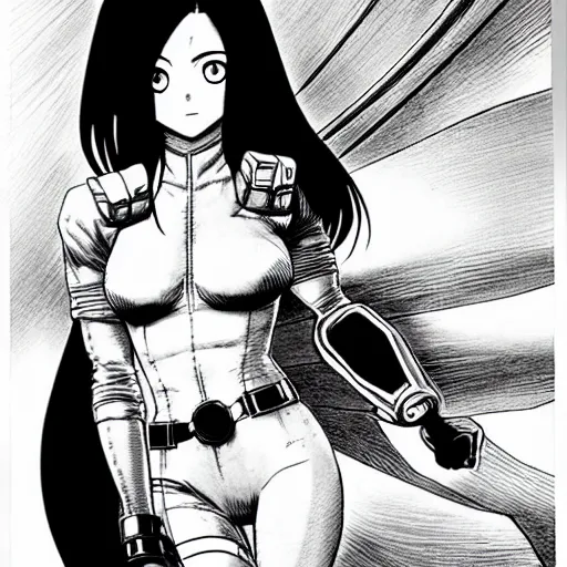 Image similar to alita by yukito kishiro. medium shot. black and white manga. pencil drawing.