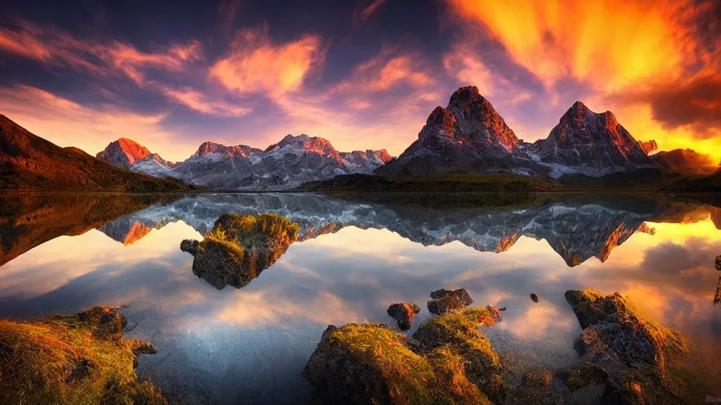 Image similar to amazing landscape photo of mountains with lake in sunset by marc adamus, beautiful dramatic lighting