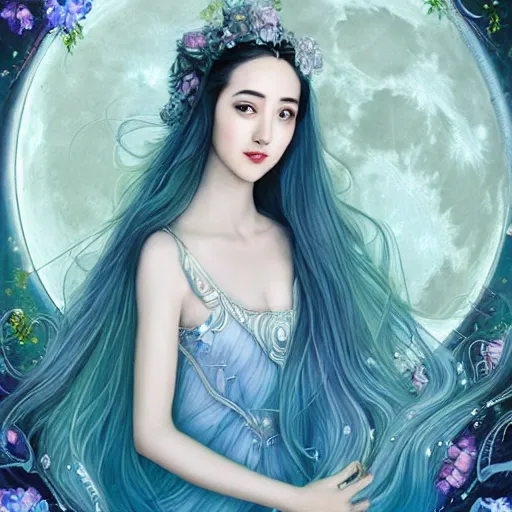 Image similar to Ethereal goddess of the moon, beautiful blue silver hair woman like Dilraba Dilmurat, california girl, wearing a flowing dress, lots of flowers, symmetrical face, art nouveau, portrait, cute, playful, fairy, harper's bazaar, pearlescent, sacred geometry, detailed background, featured on artstation, by Daniel Gerhartz, by ross tran, bright pastel colors, face by artgerm, by Kelly McKernan, by Charlie Bowater, by Laura rubin, 8k