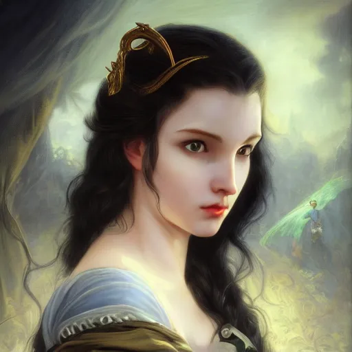 Image similar to a fantasy comic book style portrait painting of a beautiful woman with pale skin and long black hair, mystical valkyrie, francois boucher, oil painting, unreal 5, hyperrealistic, octane render, regal, refined, detailed digital art, rpg portrait, william - adolphe bouguereau, michael cheval, walt disney, steampunk, dynamic lighting, highly detailed, unreal engine