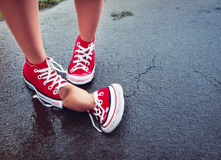 Image similar to side view of the legs of a woman hook sitting on the ground on a curb, very short pants, wearing red converse shoes, wet aslphalt road after rain, blurry background, sigma 8 5 mm