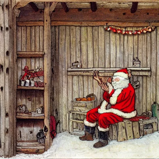Image similar to Santa inside a rustic barn, in the style of Carl larsson