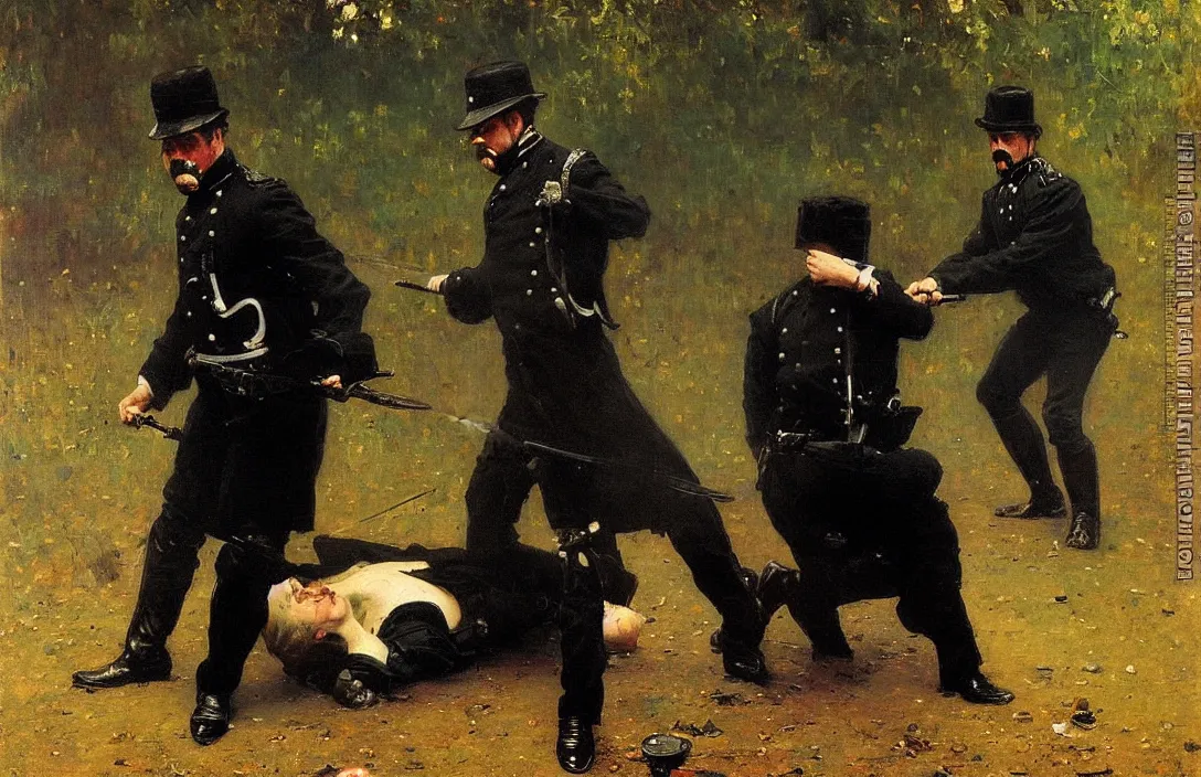 Image similar to victorian policeman finding a dead body, 1 8 9 0 s, detailed painting, epic lighting, by ilya repin, phil hale and kent williams
