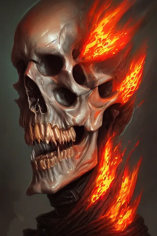 Image similar to flaming skull, d & d, fantasy, portrait, highly detailed, headshot, digital painting, trending on artstation, concept art, sharp focus, illustration, art by artgerm and greg rutkowski and magali villeneuve