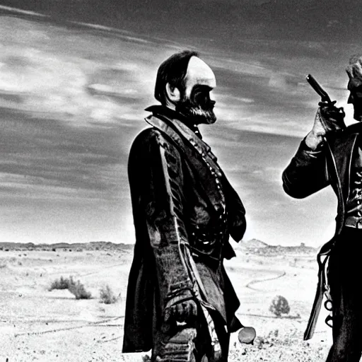 Prompt: William Tecumseh Sherman and Abraham Lincoln in the movie Mad Max Road Warrior, movie still, cinematic, Eastman 5384 film