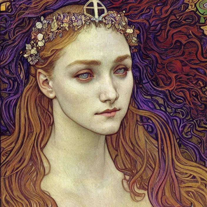 Image similar to detailed realistic beautiful young medieval queen face portrait by jean delville, alphonse mucha, vincent van gogh, and marco mazzoni, art nouveau, symbolist, visionary, gothic, pre - raphaelite