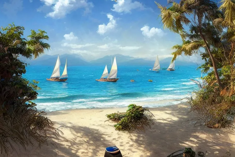 Image similar to ultra realistic illustration,, a beach in tanzania with sailboats in the distance, tropical blue water intricate from baldurs gate, elegant, highly detailed, digital painting, artstation, concept art, smooth, sharp focus, illustration, art by artgerm and greg rutkowski and alphonse mucha
