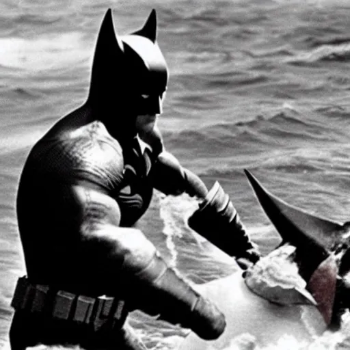 Prompt: dwayne johnson as batman fighting a shark in'jaws'( 1 9 7 5 )