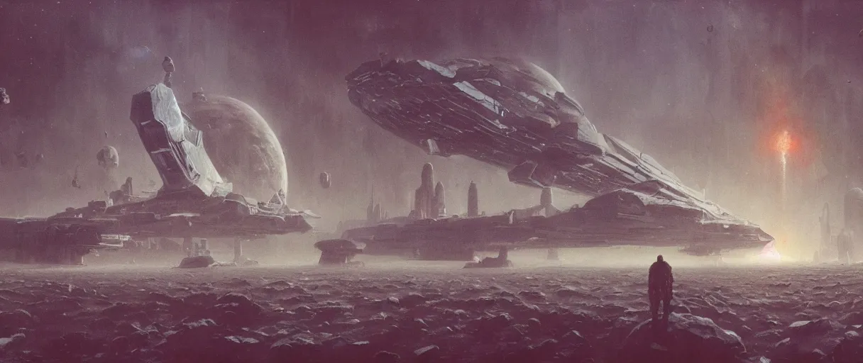 Image similar to concept art, a single huge mothership, a ship traveling to new worlds, deep space exploration, the expanse tv series, industrial design, dynamic angle, motion, spatial phenomena, cinematic lighting, 4k, greebles, widescreen, wide angle, beksinski, sharp and blocky shapes