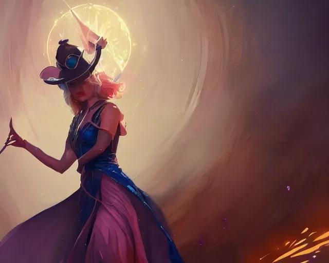 Image similar to margot robbie as a beautiful magician casting colorful spells, fantasy art, in the style of greg rutkowski, illustration, epic art, fantasy, intricate, elgant, amazing detail, digital painting, artstation, concept art, smooth, sharp focus