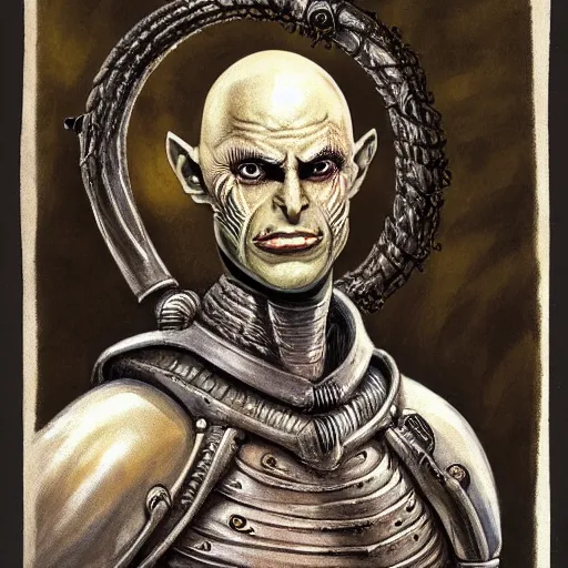 Image similar to ( ( ( head and shoulders portrait of a gaunt noseless yellow - skinned bald githyanki warrior in a breastplate, wielding a magical silver greatsword ) ) ), hr giger, d & d, fantasy, medieval