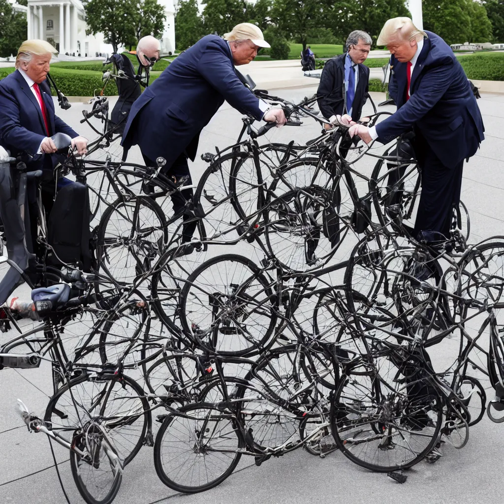 Image similar to trump repairs a bicycle outside the white house