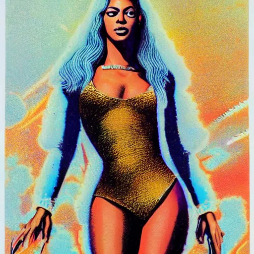 Prompt: beyonce in the style of a 7 0 s science fiction novel cover, highly detailed, bruce pennington, peter jones