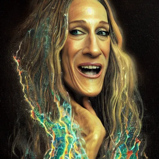 Image similar to mysterious portrait of sarah jessica parker emerging from the dark void eating slime, face partially melting like glitching out LSD effect, figure in the darkness of renaissance, serving big macs, Francisco Goya, highly detailed, 8k, trending on artstation