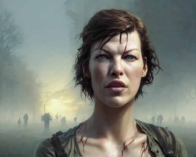 Image similar to highly detailed portrait of milla jovovich, in the walking dead, stephen bliss, unreal engine, fantasy art by greg rutkowski, loish, rhads, ferdinand knab, makoto shinkai and lois van baarle, ilya kuvshinov, rossdraws, tom bagshaw, global illumination, radiant light, detailed and intricate environment