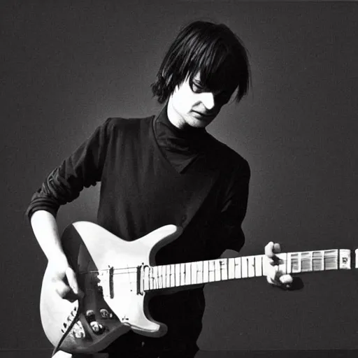 Image similar to Jonny Greenwood playing a guitar in a black and white photo, a black and white photo by David Gilmour Blythe, featured on tumblr, toyism, groovy, psychedelic, ilya kuvshinov