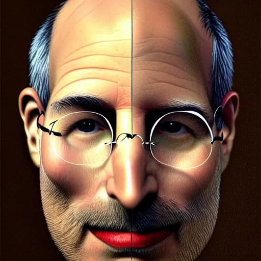 Image similar to apples arranged in the shape of a face resembling steve jobs, fantasy, intricate, elegant, highly detailed, lifelike, photorealistic, digital painting, artstation, illustration, smooth, sharp focus, art by giuseppe arcimboldo