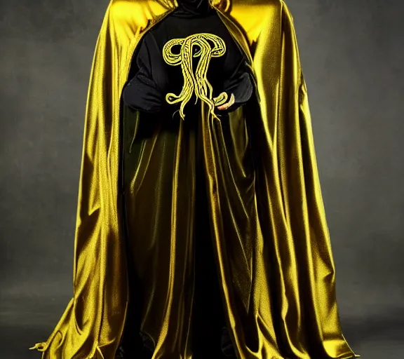 Image similar to hastur, golden hood cape, dark toxic, black tentacles realistic art, realistic photo by horror H 576