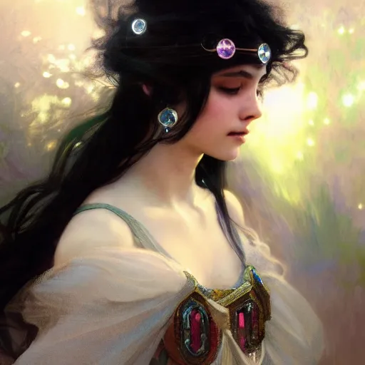 Prompt: a beautiful black haired young princess, adorned with precious stones by jeremy mann and alphonse mucha, photo realistic, dynamic lighting, windy, artstation, poster, dreamy, volumetric lighting, ethereal, 4 k, high detail