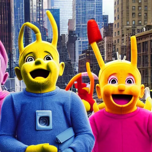 Image similar to teletubbies as bank robbers in new york city, 4k, high detail, high-resolution photograph, professional photography, ultra-detail