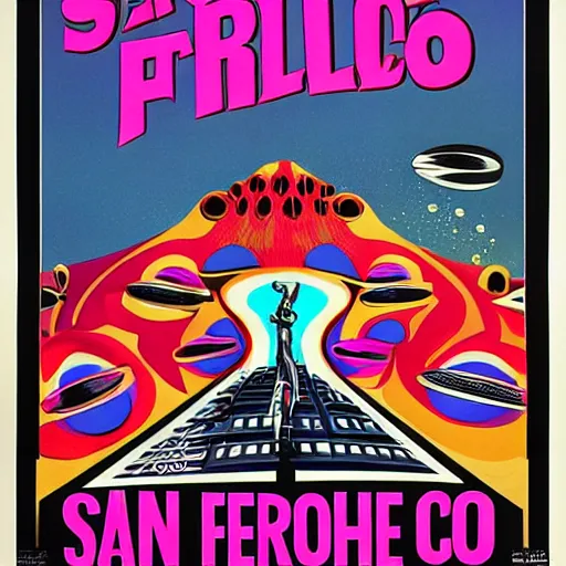 Prompt: san francisco psychedelic poster, 1 9 6 0 s, upcoming science - fiction comedy film poster
