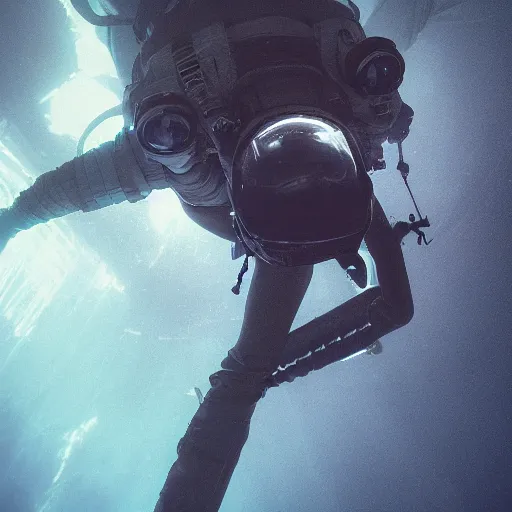 Image similar to concept art diver astronaut in underwater futuristic dark and empty spaceship. infrared complex and hyperdetailed technical suit design. reflection material. rays and dispersion of light breaking through the deep water. 3 5 mm, f / 3 2. noise film photo. flash photography. trend artstation